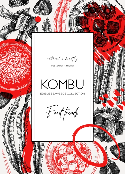 Hand-drawn Kombu frame design. Edible seaweed flyer template in collage style. Sea vegetable illustrations. Healthy food vector background. For Japanese cuisine, restaurant menu design, packaging.